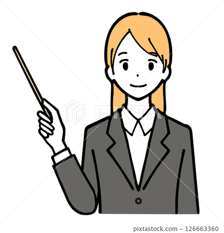 Illustration of a young woman in a suit holding a pointer Illustration of a young woman in a suit holding a pointer 126663360