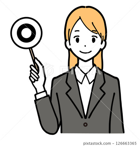 一位微笑的年輕女子拿著圓形標誌的插圖 126663365