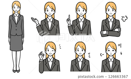 一位身穿西裝的年輕女子的一組面部表情。好的跡象，生氣了。 126663367