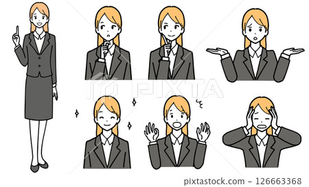A set of facial expressions of a young woman in a suit. Happy, troubled. A set of facial expressions of a young woman in a suit. Happy, troubled. 126663368