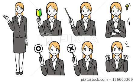 Illustration set of facial expressions of a young woman wearing a suit. Beginner mark, guide. Illustration set of facial expressions of a young woman wearing a suit. Beginner mark, guide. 126663369
