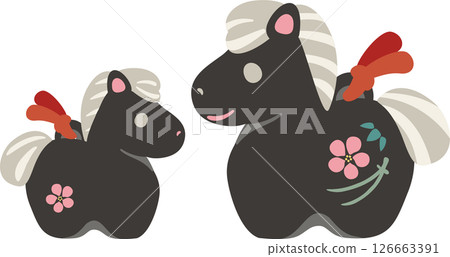 New Year's greetings, New Year's card, 2026, clay bell, zodiac sign, horse, year of the horse, cute, Japanese style, New Year's decoration, illustration material, black New Year's greetings, New Year's card, 2026, clay bell, zodiac sign, horse, year of the horse, cute, Japanese style, New Year's decoration, illustration material, black 126663391