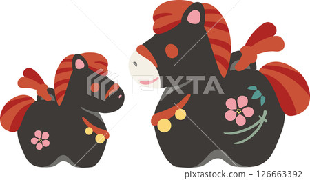 New Year's greetings, New Year's card, 2026, clay bell, zodiac sign, horse, year of the horse, cute, Japanese style, New Year's decoration, illustration material, black New Year's greetings, New Year's card, 2026, clay bell, zodiac sign, horse, year of the horse, cute, Japanese style, New Year's decoration, illustration material, black 126663392