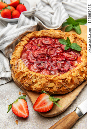 Delicious homemade strawberry galette with almond petals and fresh mint 126663658