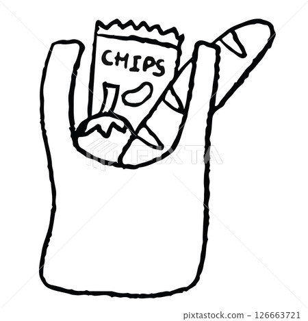 Hand drawn crayon outlines of tote bag with chip bag, load bread, tomato for grocery shopping, supermarket, market, mart, picnic, spring, summer, park, brooch, sticker, kid colouring book, art, sketch 126663721