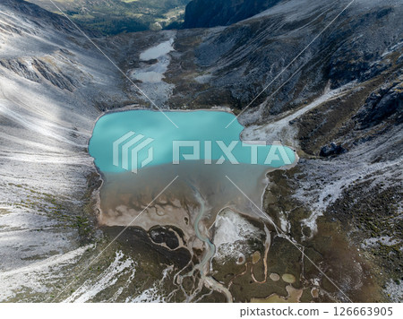 Aerial view of beautiful high altitude lake and mountain landscape 126663905