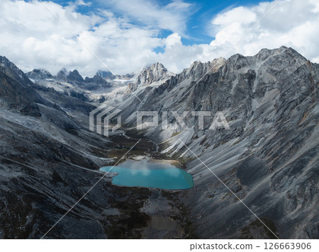 Aerial view of beautiful lake in high altitude mountains landscape 126663906