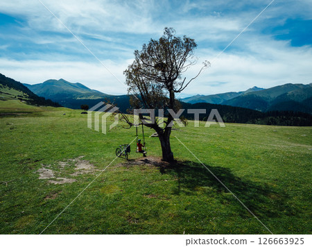 Aerial view of woman sit and swiming mountain bike on beautiful flowering grassland mountain top Aerial view of woman sit and swiming mountain bike on beautiful flowering grassland mountain top 126663925