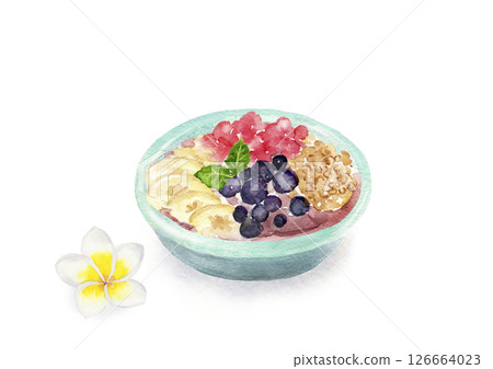 Acai bowl and white flowers hand drawn watercolor illustration Acai bowl and white flowers hand drawn watercolor illustration 126664023