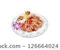 Hand-drawn watercolor illustration of garlic shrimp on a plate 126664024