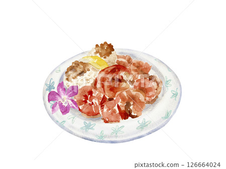 Hand-drawn watercolor illustration of garlic shrimp on a plate Hand-drawn watercolor illustration of garlic shrimp on a plate 126664024