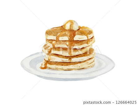 用奶油和蜂蜜堆疊的煎餅，手繪水彩插圖 126664025