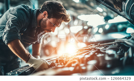 A car mechanic technician repairs a car in an auto repair shop. Generative AI. A car mechanic technician repairs a car in an auto repair shop. Generative AI. 126664329