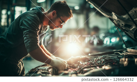 A car mechanic technician repairs a car in an auto repair shop. Generative AI. 126664332