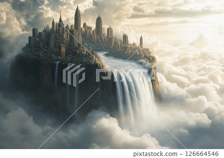 City of clouds with majestic waterfalls cascading into the abyss under a serene sky at twilight 126664546
