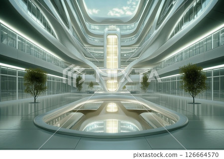 Futuristic university campus designed around glowing architecture and vibrant illumination during twilight hours 126664570
