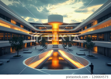 Futuristic university campus designed around glowing architecture and vibrant illumination during twilight hours 126664573