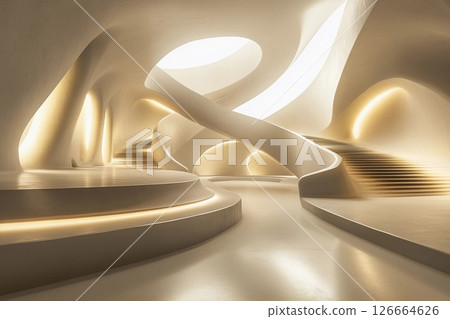 Futuristic museum showcasing symmetrical spiraling ramps illuminated by soft lighting for an immersive visitor experience 126664626