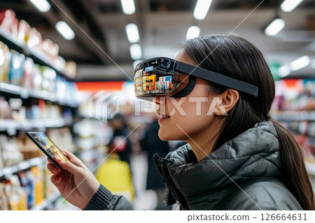 Shopper explores supermarket aisles with augmented reality glasses for product information and details 126664631