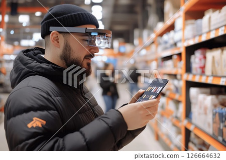 Shopper explores supermarket aisles with augmented reality glasses for product information and details 126664632