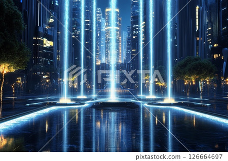 Futuristic plaza featuring a symmetrical fountain illuminated by urban lights in a vibrant cityscape 126664697