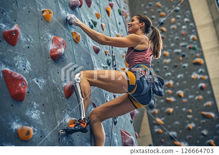 Female athlete with prosthetic leg climbs indoor rock wall in training session at climbing gym 126664703