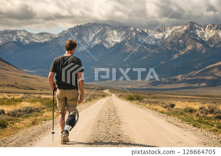 Young man with prosthetic leg hikes along dirt road in mountainous terrain under cloudy skies 126664705