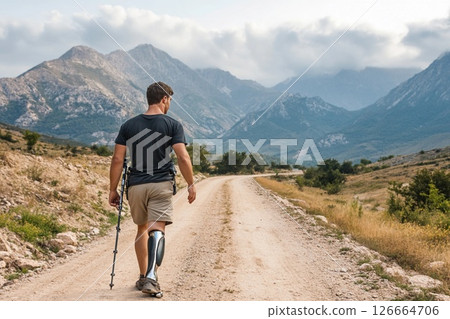 Young man with prosthetic leg hikes along dirt road in mountainous terrain under cloudy skies 126664706