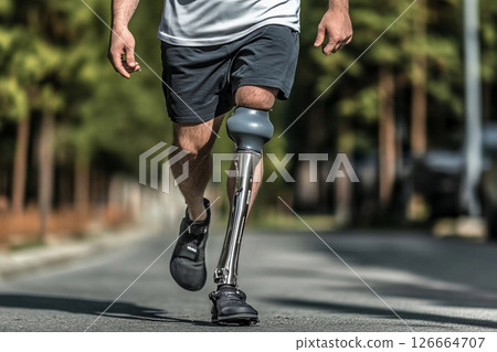 Man confidently walking on the street with a prosthetic leg during a sunny day in an urban environment 126664707