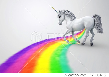 Unicorn gracefully gallops through the sky, leaving a vibrant rainbow trail illuminated by sunlight 126664732