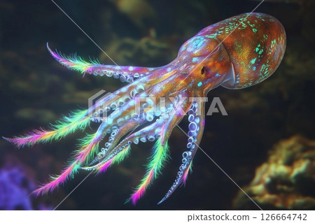 Giant squid displaying vibrant fluorescent feathers on its tentacles in a deep ocean habitat Giant squid displaying vibrant fluorescent feathers on its tentacles in a deep ocean habitat 126664742