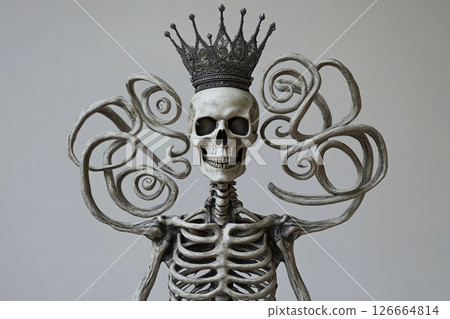 Skeletal figure with crown-like skull poses with spiral arm decorations amidst a dark backdrop showcasing intricate details 126664814