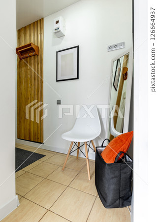 Modern Entryway with Wooden Panel and Minimalist Decor 126664937