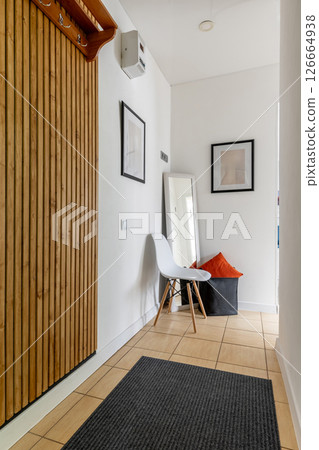 Scandinavian Style Hallway with Wooden Elements and Decor Scandinavian Style Hallway with Wooden Elements and Decor 126664938