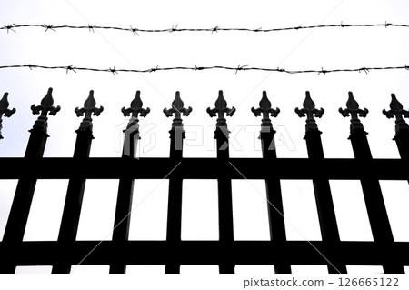 fence and barbed wire on white background fence and barbed wire on white background 126665122