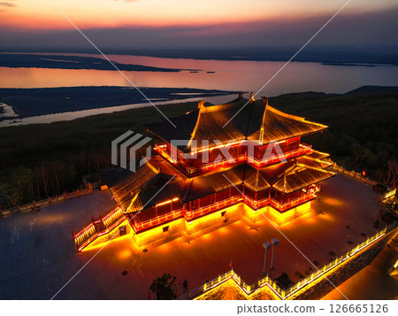 Aerial view of Donggeji pavilion of Fuyuan city is the most eastern point of China, border crossing between China and Russia. 126665126