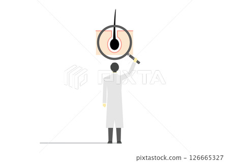 Illustration of a doctor observing the health of the scalp and hair with a magnifying glass 126665327