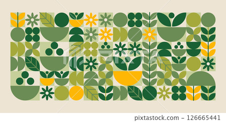 Green geometric plant shapes pattern. Green geometric plant shapes pattern. 126665441