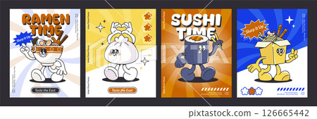 Set of retro sushi character posters Set of retro sushi character posters 126665442