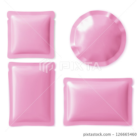 Set of blank pink foil packaging pouches 126665460