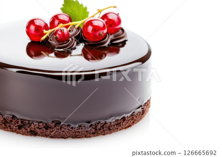 Luxurious dark chocolate mousse cake with shiny ganache and red currants displayed on a glossy surface 126665692