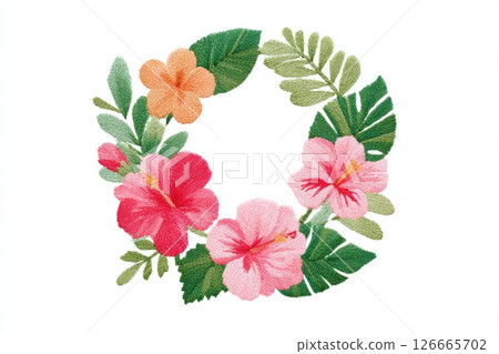 Colorful floral wreath featuring pink and orange hibiscus flowers surrounded by green leaves, showcasing intricate embroidery design with vibrant textures and natural beauty 126665702