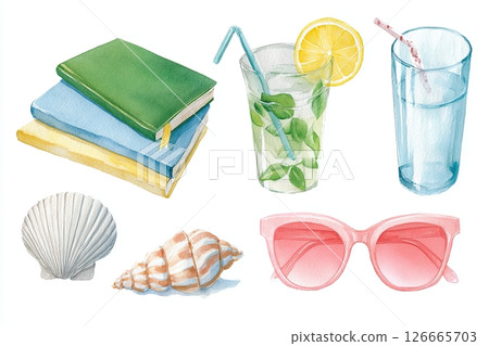 Watercolor illustration featuring stacked books, refreshing drink with lemon, seashells, and stylish sunglasses, evoking a relaxed summer vibe and leisure activities 126665703