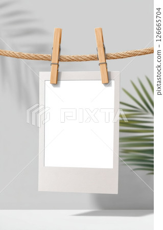 Blank photo frame hanging on a rope with wooden clips, surrounded by soft green palm leaves, creating a serene and minimalist atmosphere for design mockup purposes 126665704