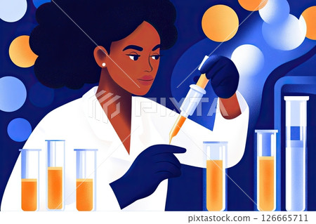 Scientist conducts experiments in a laboratory with test tubes under navy lighting showcasing pastel peach and deep orange colors 126665711