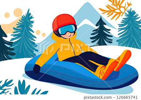 Young boy enjoys a fun day sledding down a snowy hill in vibrant ski gear on a sunny winter afternoon surrounded by mountains 126665741