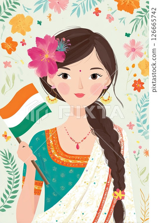 Young Indian woman proudly holding the Indian flag surrounded by colorful flowers 126665742