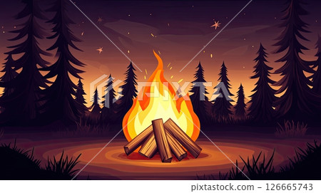 Glowing campfire illuminating a forest at twilight, creating a warm and inviting atmosphere for gathering and storytelling 126665743