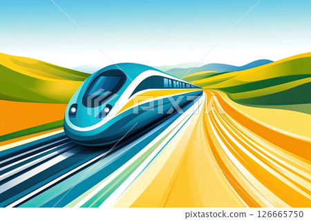 Futuristic high-speed train traverses lush countryside in vibrant teal and coral hues under a clear sky 126665750
