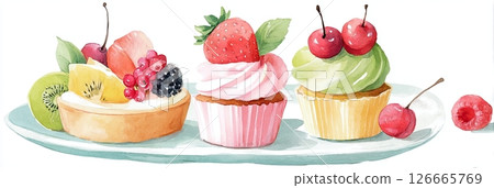 Colorful watercolor illustration of assorted cupcakes and tart on a plate, featuring fresh fruits and vibrant frosting, perfect for dessert-themed designs and culinary art 126665769